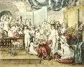 Johann Heinrich Ramberg, Die Jungfrauen-Probe oder: Die Überraschung im Kloster, 1800, Umrißradierung, aquarelliert