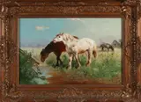 Henry Schouten, Paarden bij drenkplaats, Olieverf op linnen