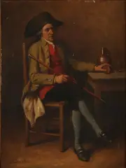 Jean Baptiste Madou, Heer met wandelstok, kruik met glas, Olieverf op paneel