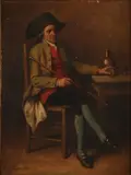 Jean Baptiste Madou, Heer met wandelstok, kruik met glas, Olieverf op paneel