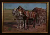 J. Viski, Paardenkar in landschap, Olieverf op paneel