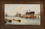 J. van Delden, Rotterdamse haven met vrachtschepen, Olieverf op linnen