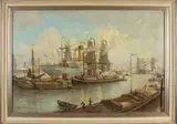 Hendrik Fleurbaaij, Rotterdamse haven met figuren, Olieverf op linnen