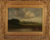 Evert Pieters, Landschap met vee en figuur in roeiboot, Olieverf op linnen