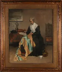 Paul Gorge, Handwerkende vrouw in interieur, Olieverf op linnen