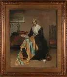 Paul Gorge, Handwerkende vrouw in interieur, Olieverf op linnen
