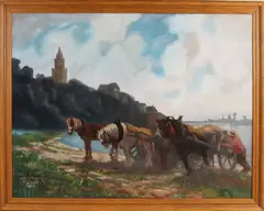 Gert Stegeman, Landschap met paardengespan op akker, Olieverf op linnen