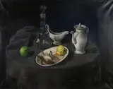 Monogram Mhz, Stilleven met porselein, glas, fruit en vogel, Olieverf op linnen