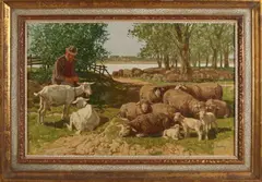 Josef Strahn, Landschap met schapen en herder, Olieverf op linnen