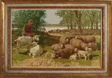 Josef Strahn, Landschap met schapen en herder, Olieverf op linnen