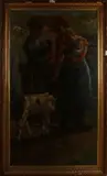 J.F. v.d. Voort, Boerenfamilie bij kalf, Olieverf op linnen