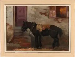 Gert Stegeman, Rustend trekpaard met dekkleed, Olieverf op paneel