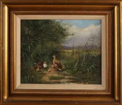 Henk Roosink, Landschap met eendenfamilie, Olieverf op paneel