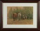 Evert Rabbers, Boer en boerin bij paarden met eg
