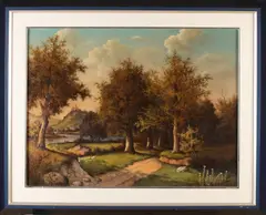 J. Raamsdonk, Landschap met rivier en kasteel, Iets craquele