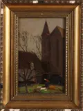 Ype Wenning, Stadsgezicht met vrouw in achtertuin, Olieverf op paneel