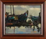 B. de Boer, Giethoorn, afgemeerde platbodems, Olieverf op linnen
