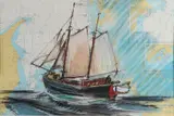 Wigle Engelsma, Zeilboot op landkaart, Gemengde techniek op papier