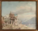 Onduidelijk gesigneerd, Berglandschap met meer, gebouwen en figuren