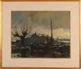Gerard van Lerven, Zeilboot bij knotwilg in sneeuw, Olieverf op linnen