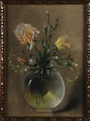 Jan Bleijs, Glazen bolvaas met gele rozen, Pastel op papier