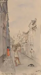Belem Meloksoi?, Ru Siguera Mendes met figuren, Aquarel op papier