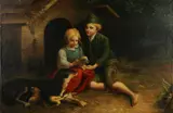 J. Rawkin, Kinderen met honden bij huis, Olieverf op linnen