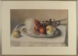 Stilleven met tin, bloemen en fruit, Aquarel op papier