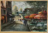 J. Jendron, Stadsgezicht Parijs met terras en figuren, Aquarel op papier