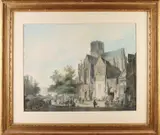 Zeldzaam werk van Cornelis Springer, Hollands stadsgezicht, Aquarel op papier