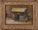 Ben Viegers, Marktkraam met figuren, Pastel op papier
