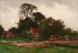 Ben Viegers, Boerderij met koeien., Olieverf op linnen