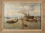 Evert Moll, Haven, Evert Moll 1878-1955 Rotterdamse haven met vele schepen olieverf op linnen 60x80 cm in goede staat