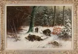 K.H. Boese, Wilde zwijnen in besneeuwd bos, Olieverf op linnen