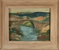 Onduid. K. de Heuss, Bruggetje in glooiend landschap, Olieverf op linnen
