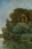Willem Hendrik Eickelberg, Riviergezicht met vissers, Olieverf op linnen