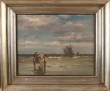 P. Pulm, Strand met schelpenvisser, Pulm 1882-1960 Dusseldorfer schule strandjutter op strand olieverf op linnen 40x50 cm in goede staat