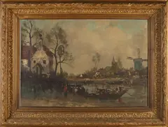 R. Rosier, Hollands riviergezicht, Olieverf op paneel
