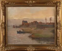 Wetering de Rooy, Riviergezicht met dorp en boten, Olieverf op linnen