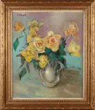 Paulette Chanet, Stilleven gele rozen, Paulette Chanet 1952- vaas met gele rozen olieverf op linnen op paneel (maroufle) 60x50 cm in goede staat