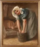 J. Berg, Zeeuws meisje, Joan Berg 1851-1935 Zeeuws meisje voert de varkens olieverf op linnen 60x75 cm in goede staat
