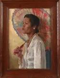 A. van Kooten, Indonesische vrouw met parasol, Olieverf op paneel