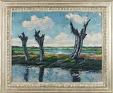 Peter van der Braken, Knotwilgen in polderlandschap, Olieverf op linnen
