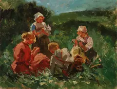 H. Thomas, Meisjes in landschap, Olieverf op paneel