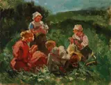 H. Thomas, Meisjes in landschap, Olieverf op paneel