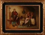H. Krauz, Duits boeren interieur met figuren, Olieverf op paneel