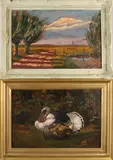 Twee werken van Romke Faber, Kalkoen/Landschap, Olieverf op paneel