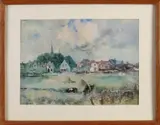 M.C. Middelhoek, Fries dorpsgezicht, Aquarel op papier