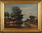 W.J. Koppius, Landschap met figuren en eenden, Olieverf op schilderskarton