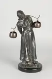 1920 by Antiek melkmeisje figuur, Antiek compositie metalen melkmeisje op zwart marmeren basement, offered Apr 2020